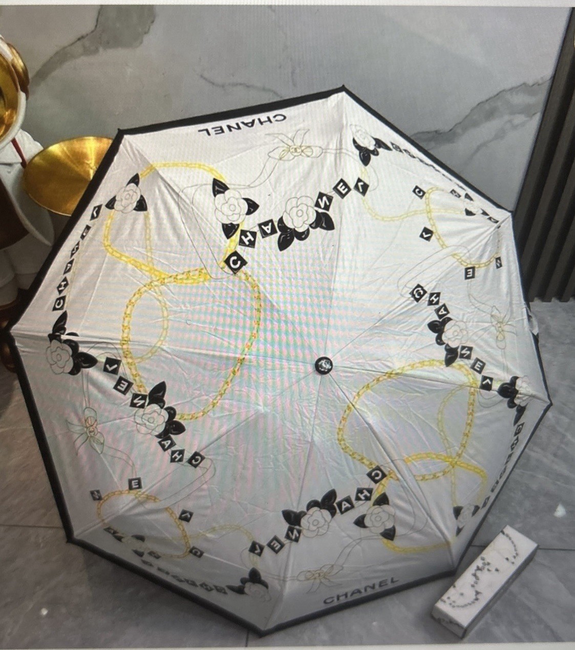 Chanel White, Black & Gold Floral Chain Print Umbrella