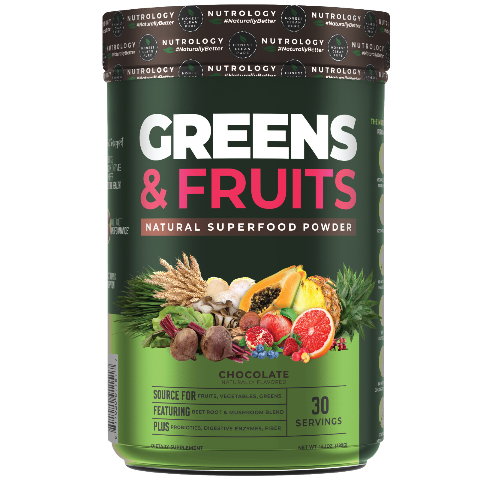 Nutrology Greens & Fruits Super Foods Powder-Probiotics-Fiber- Chocolate 30 Ser.