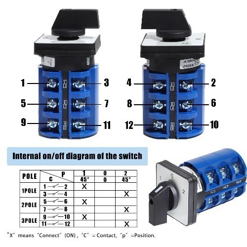 Universal Rotary Changeover Switch 690V 63A 3 Position Phase Cam Selector Switch