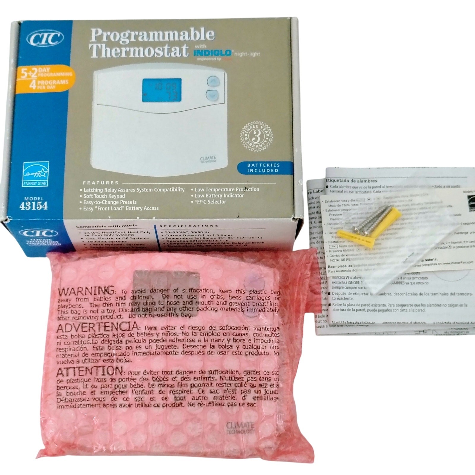 CTC Programmable Thermostat White Model 43154 Heat Cool Digital New Old Stock