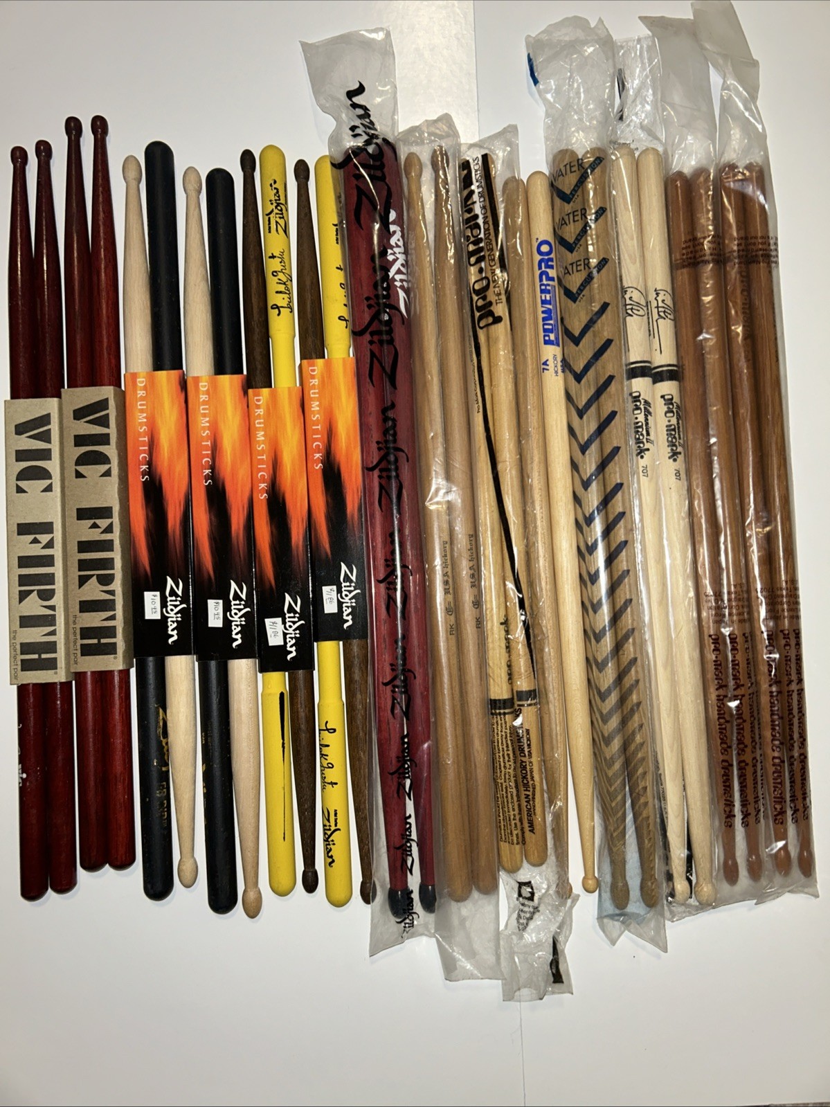 14 New Sets of Drumsticks (Vic Firth, Zildjian, Vater, Pro Mark, Power Pro)