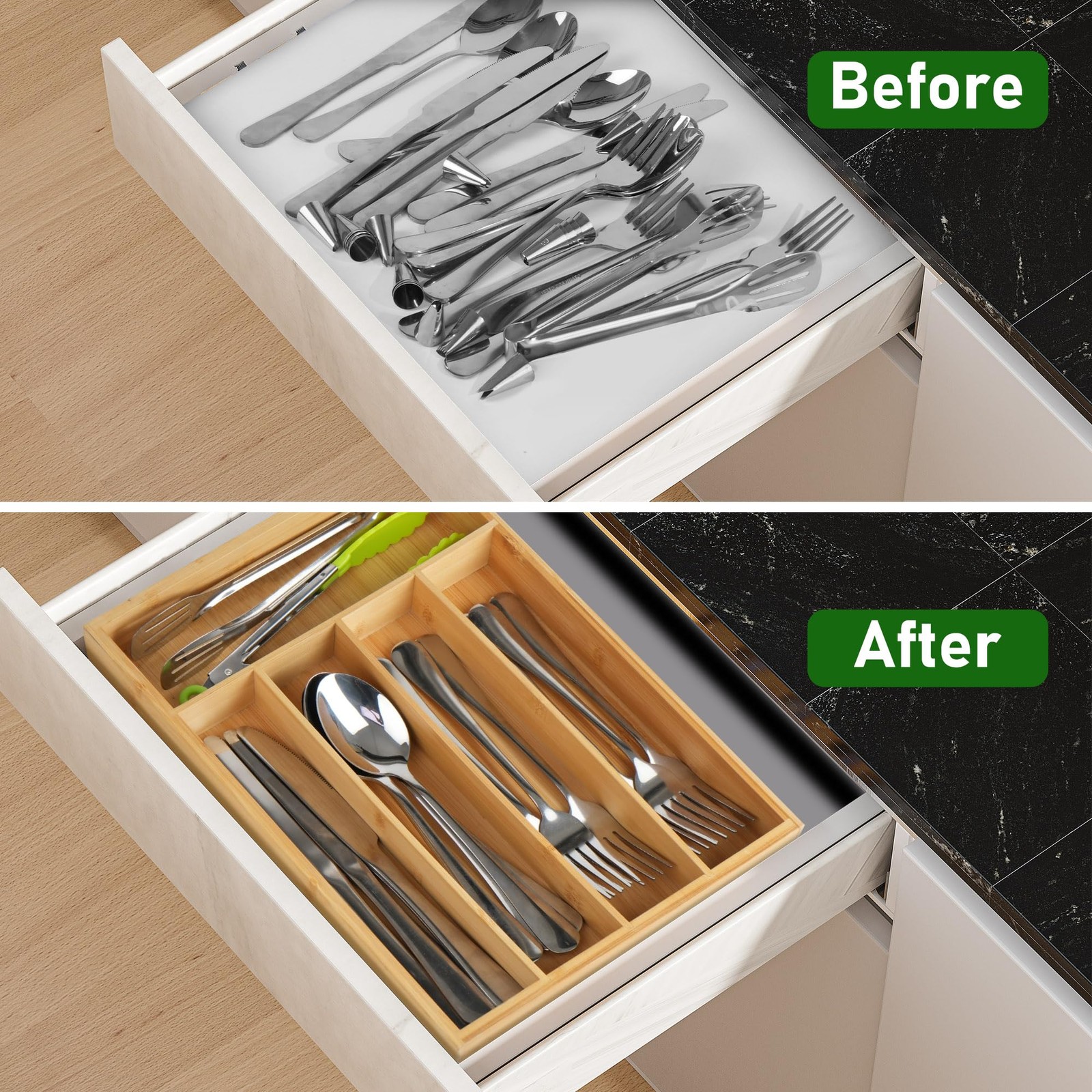 LotFancy Bamboo Kitchen Drawer Organizer, 9.5 Inch Silverware Light