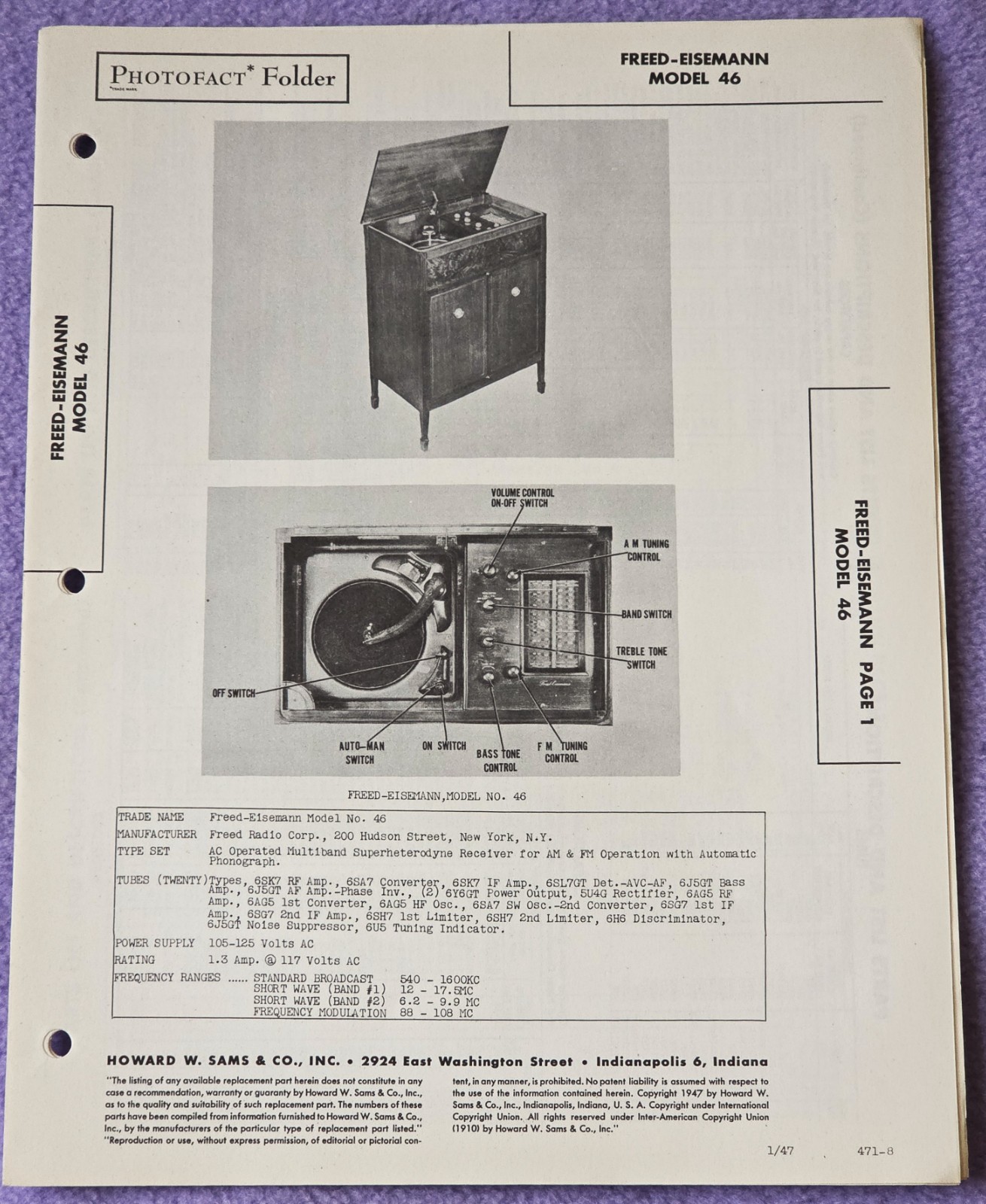 Freed-Eismann Model 461 VTG Howard Sams 1947 Radio Photofact Folder  471-8
