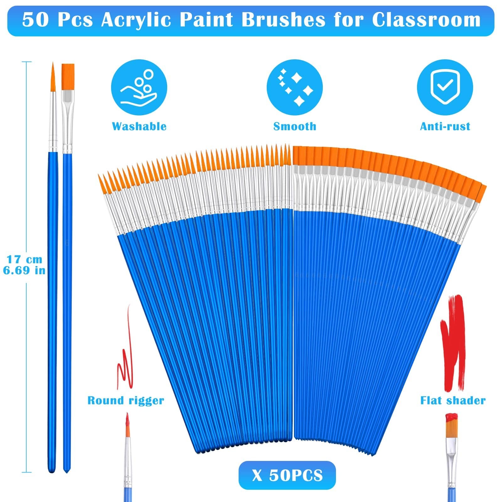 Small Paint Brushes Bulk, Anezus 50 Pcs Flat Tip Paint Brushes with Round Acr...