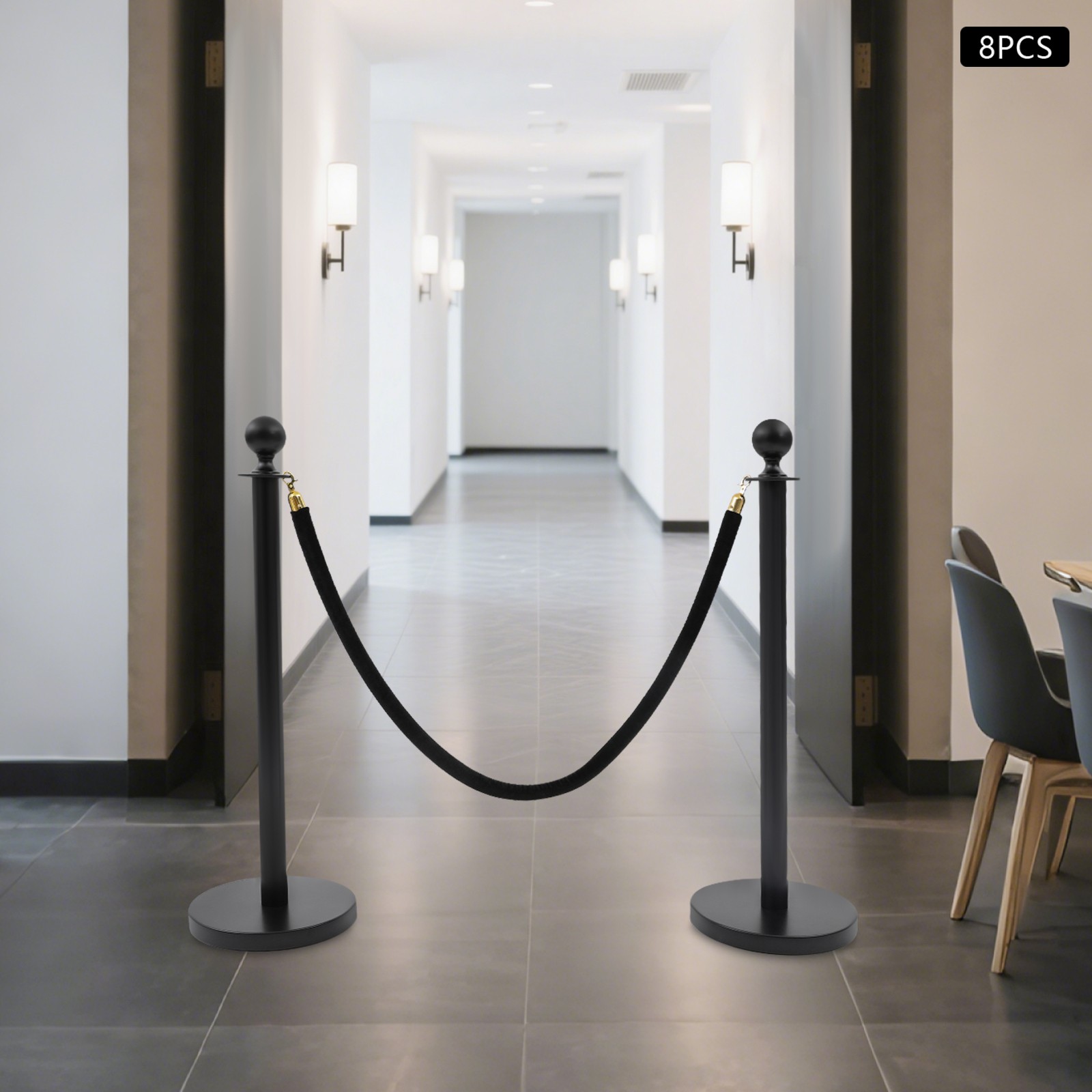 8 PCS Black Stanchion Posts Queue Pole with 4 1.5M Ropes Crowd Control Barrier