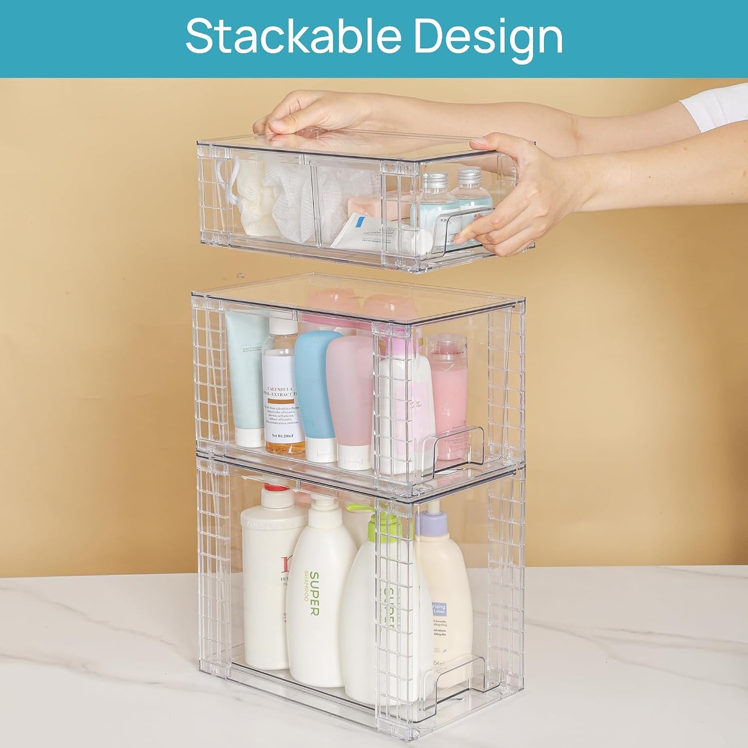 3 Pack Clear Stackable Storage Drawers,Easy to Assemble Bathroom Organizers a...