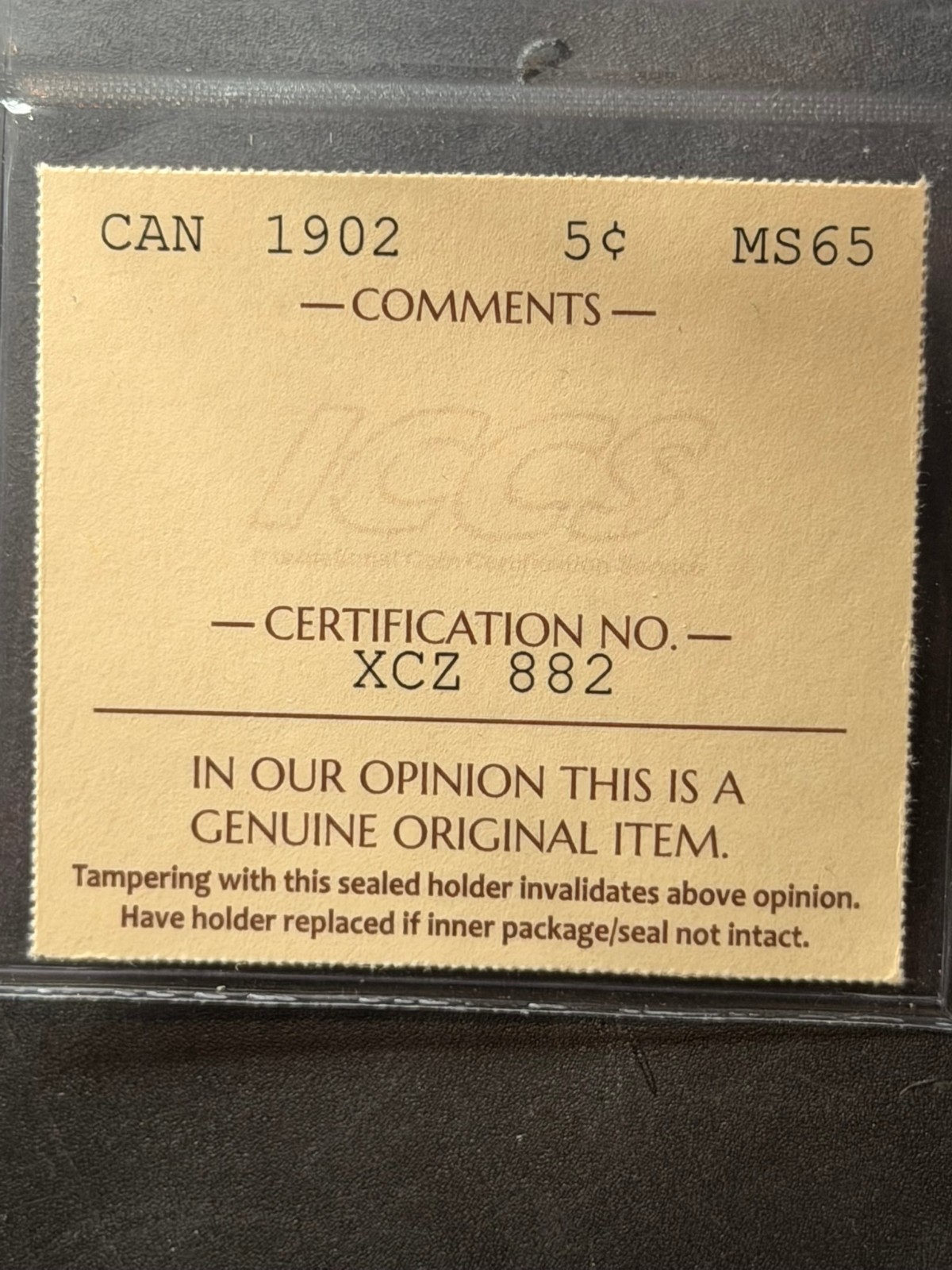 1902 Canada 5 Cent ICCS Graded MS-65