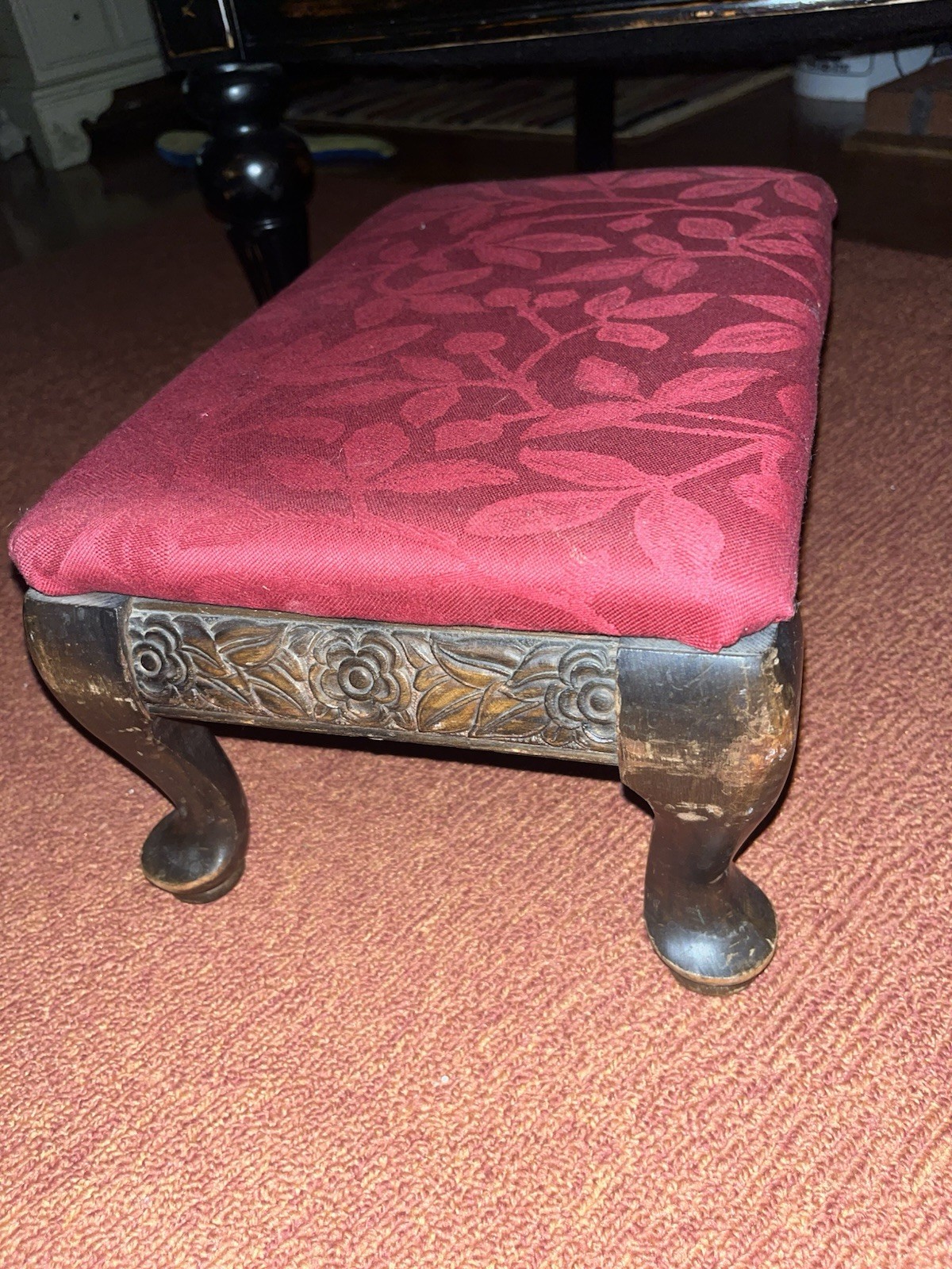 Vintage Red Queen Anne Style Footstool Antique Fabric Covered Handsome!