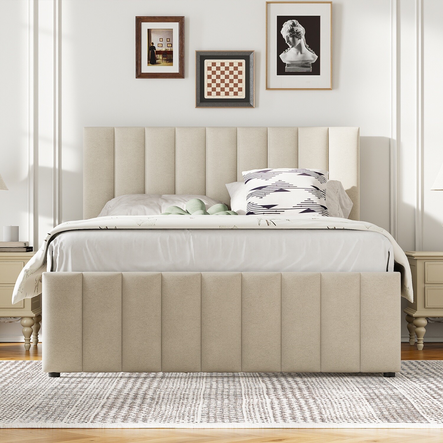 Full Size Bed Frame Upholstered Platform Bed w/ Pull Out Trundle & 3 Drawers