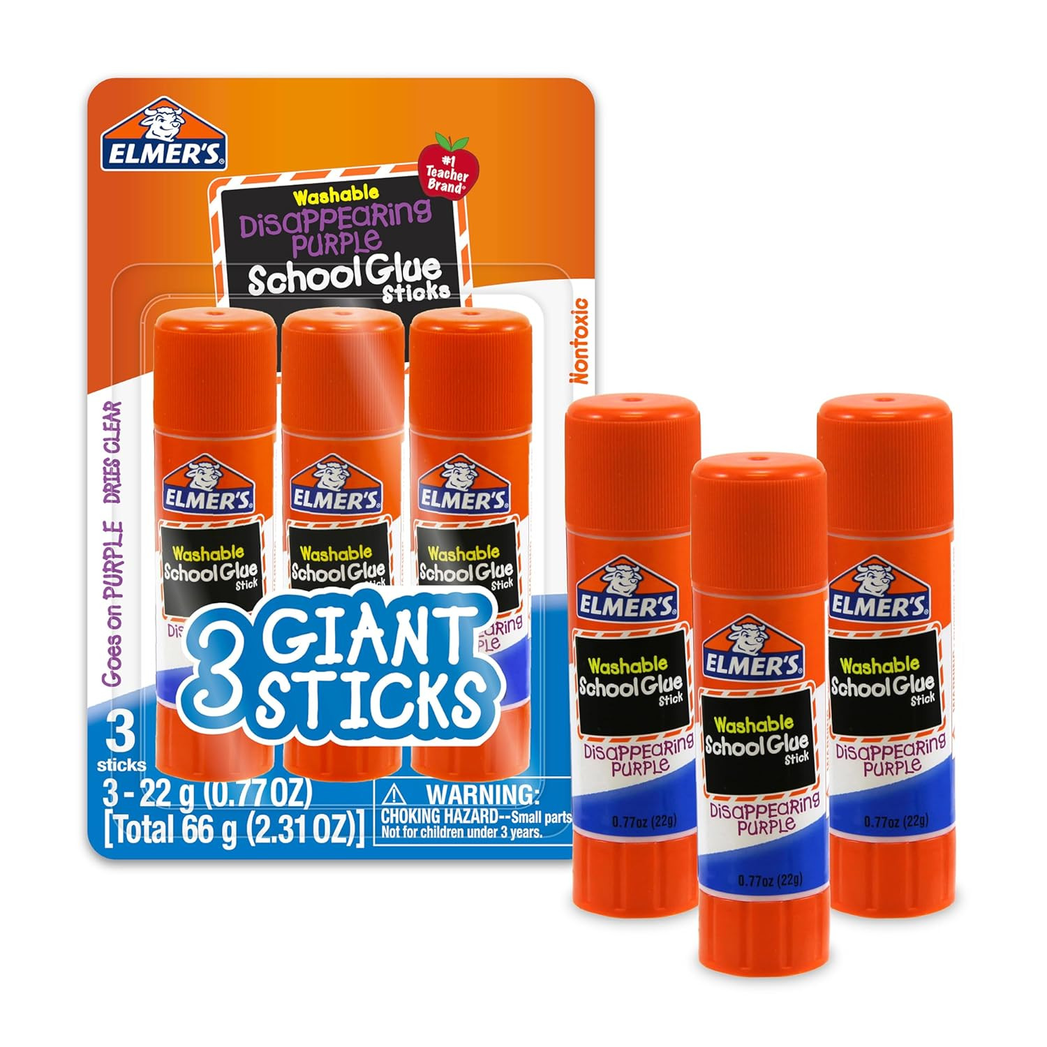 Elmer's Disappearing Purple Glue Sticks 3 Pack Washable School Craft Glue