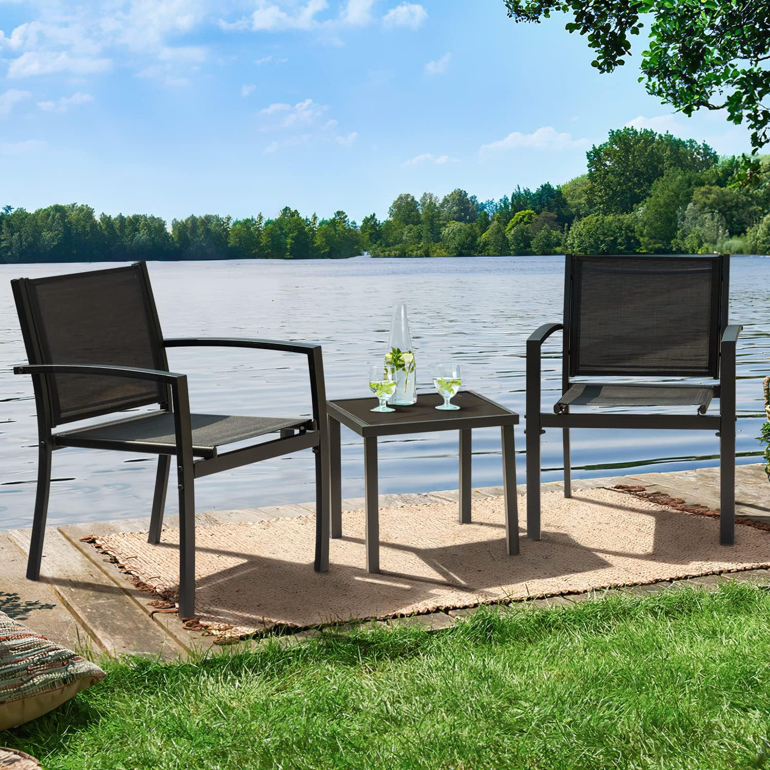 3 Pieces Patio Furniture Outdoor Bistro Set Textilene Fabric Chairs for Lawn, Ga
