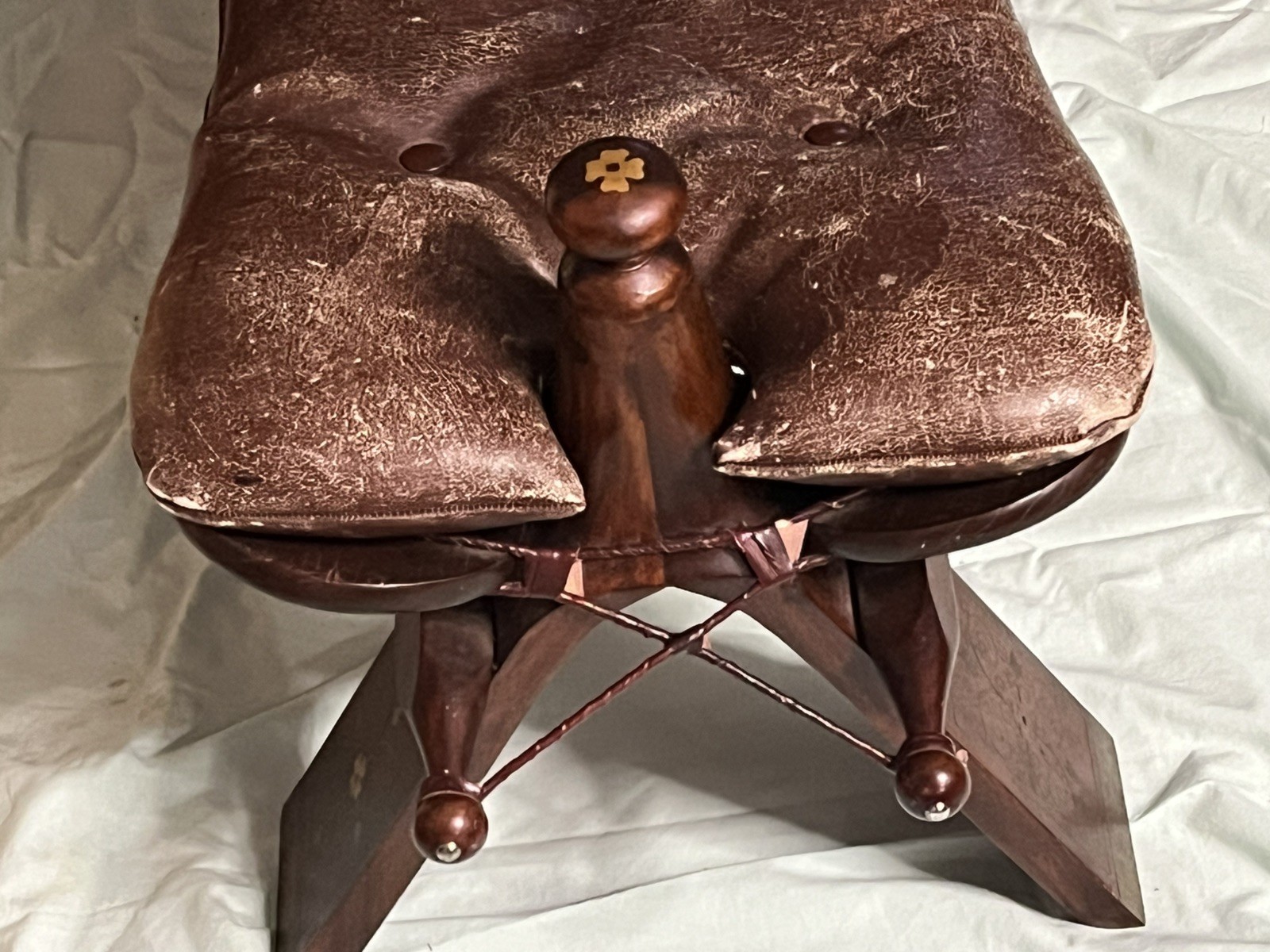Moroccan Tuareg Brass Inlaid Wooden Camel Stool/ Bench Saddle Ottoman 1950s