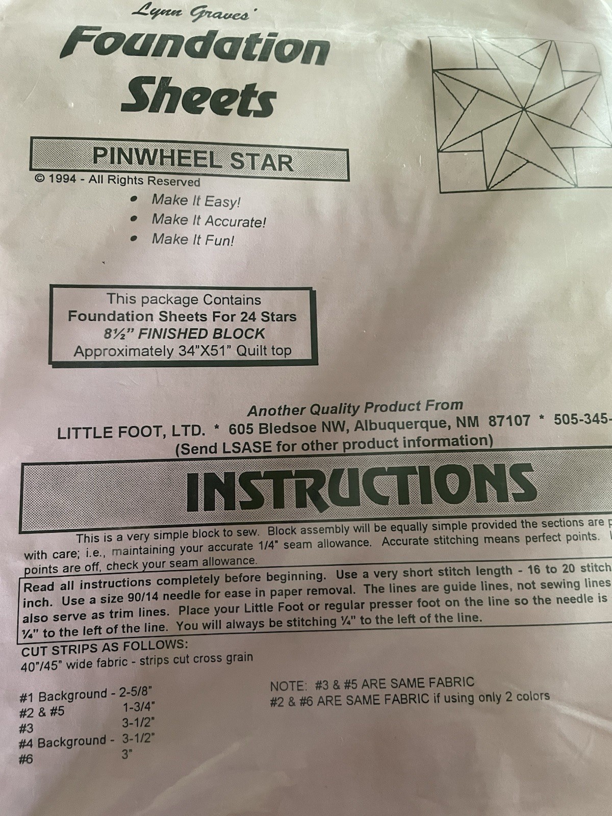 Lynn Graves Foundation Sheets 1994 FS705 PINWHEEL STAR 8/12" Quilt Blocks