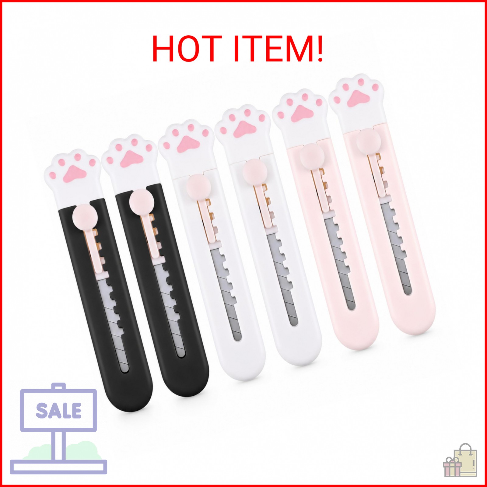 Honoson 6 Pcs Cute Box Cutter Utility Retractable Knives Cartoon Cat Lovely Paw