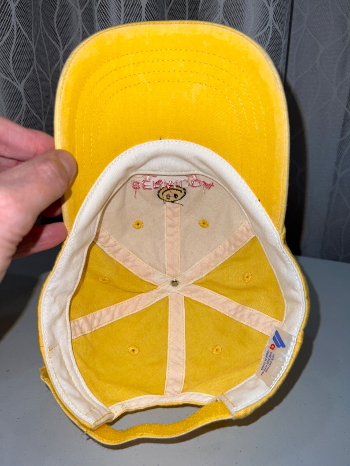 Bermuda Gold Small Hat Cap Hook Loop with Smiley Face, flowers embroidered front