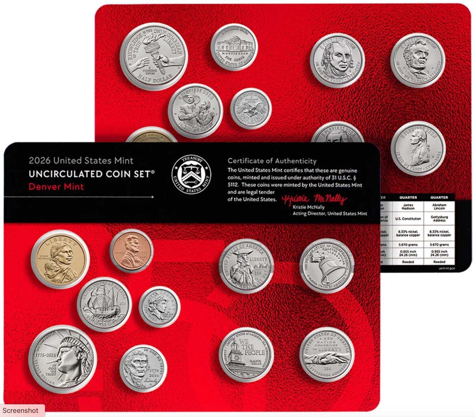 1776 - 2026 250th Anniv US Mint Uncirculated -P and -D 20 Coin Sets