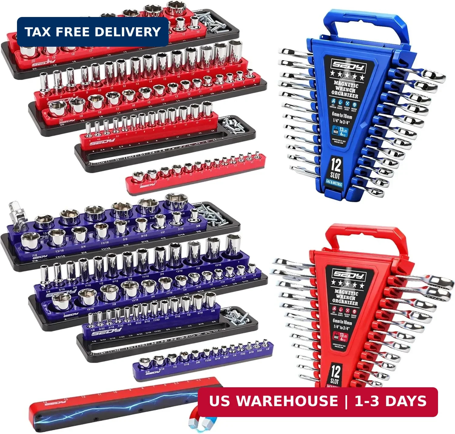 8-Piece Magnetic Socket and Wrench Organizer Set, Metric & SAE, 1/4", 3/8", 1/2"