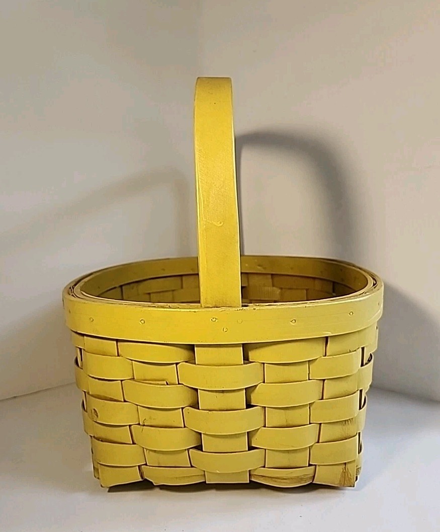 Vtg YELLOW Wood Market Basket & Handle 13 x10.25” Sturdy Gathering Garden -