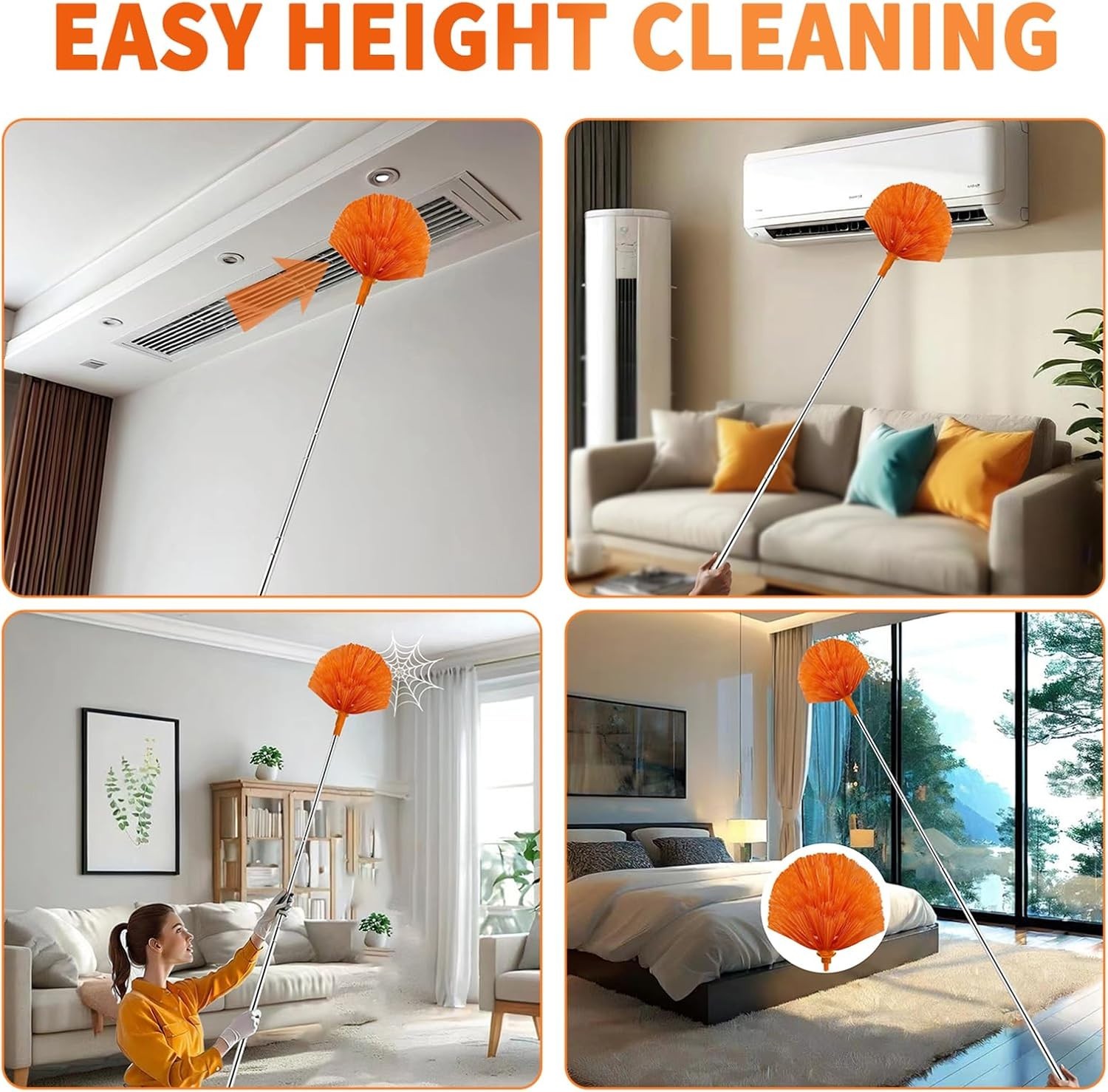 Extendable Cobweb Duster Kit with Telescoping Pole and Microfiber Head for Hi...