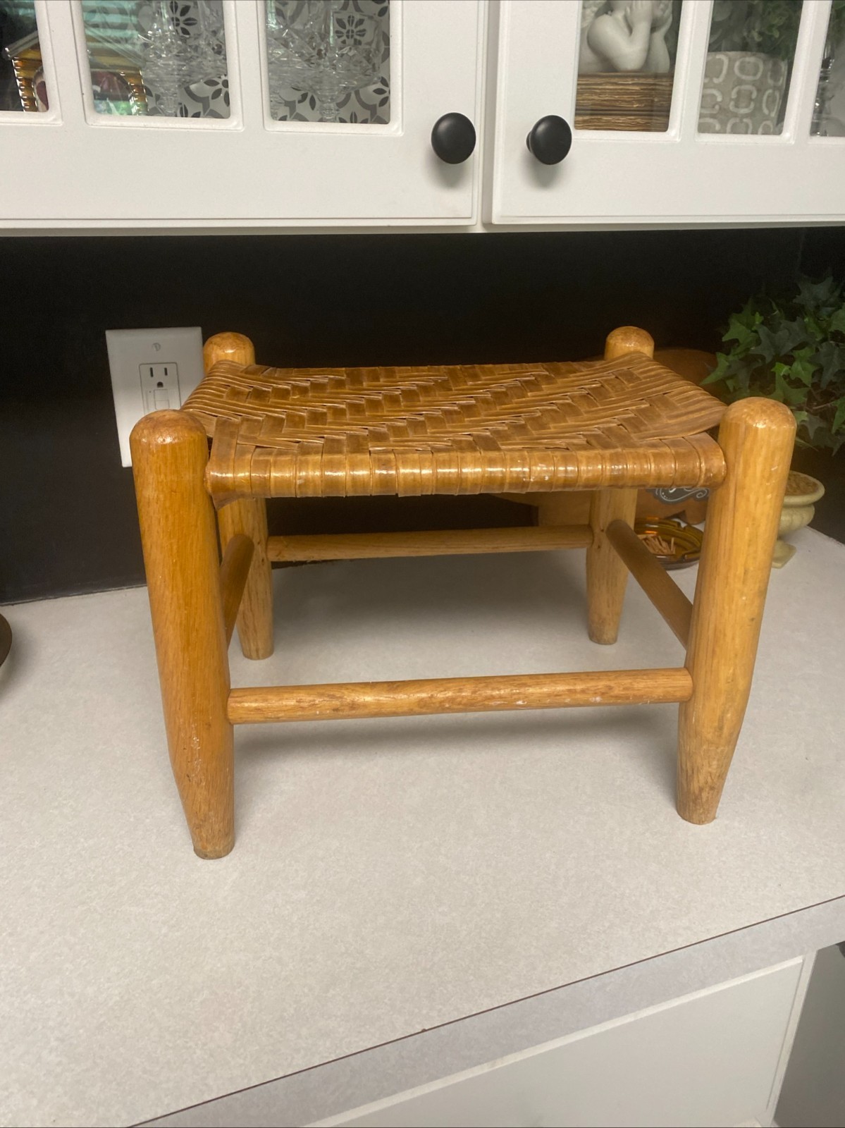Vintage Wood Foot Stool Reed Woven Top