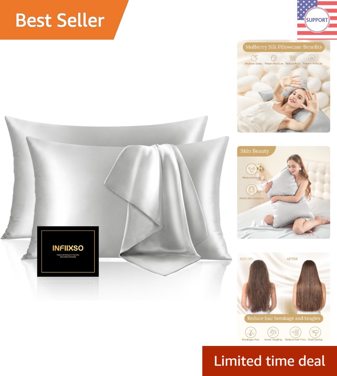 Mulberry Silk Pillowcases 2 Pack - Skin & Hair Benefits, Cooling Comfort