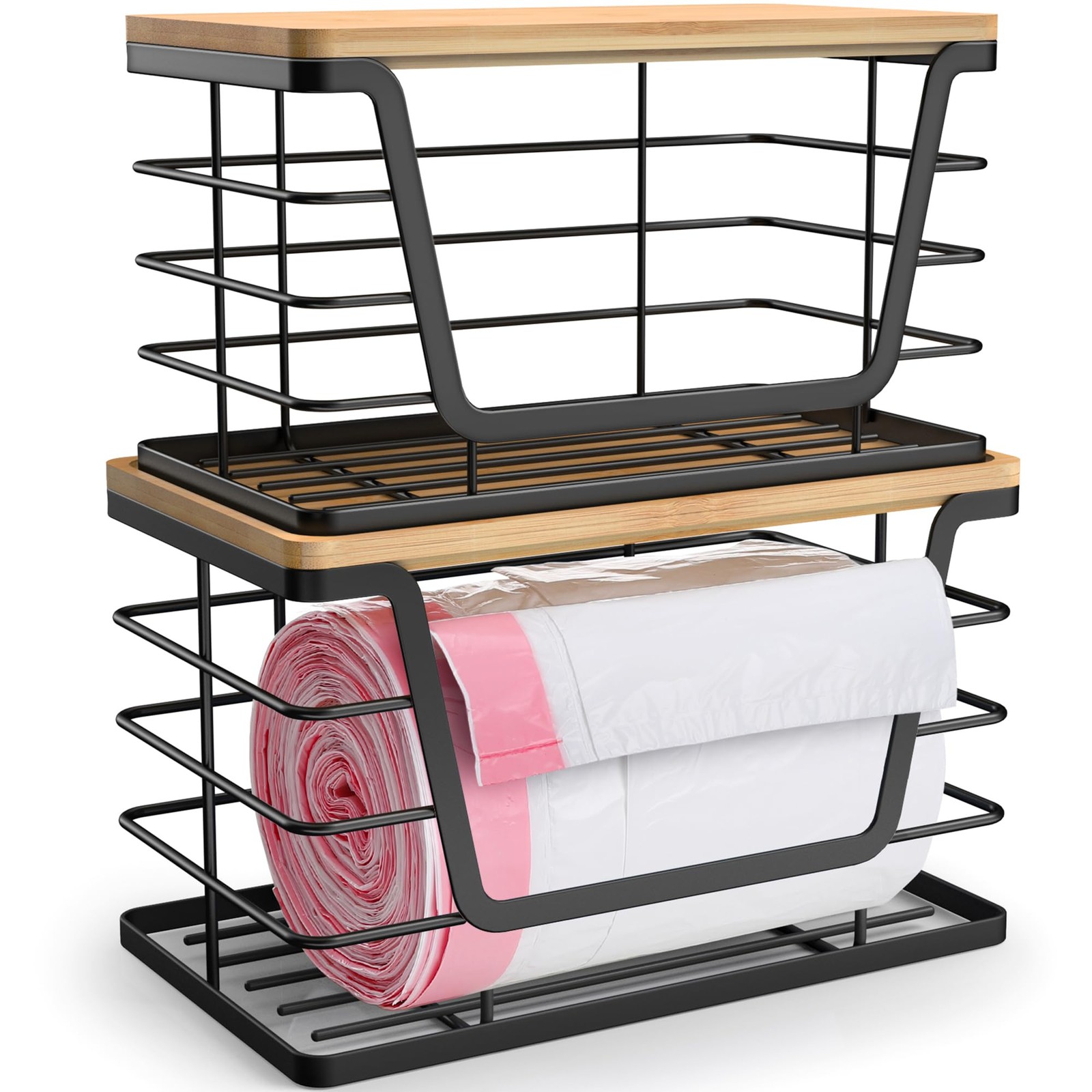 ALOCEO 2 Pack Storage Stackable Kitchen Laundry Organizers with Bamboo Top, Larg