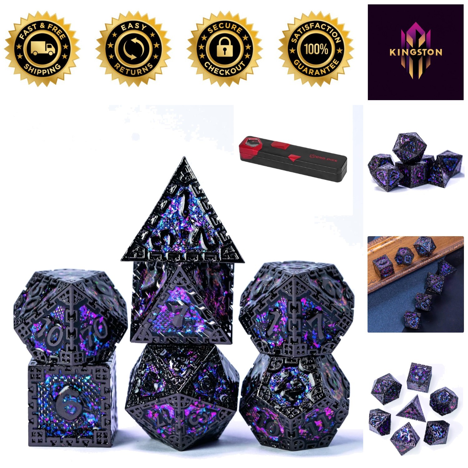 7PCS Metal DND Dice Set with Gift Box - Chain Border Design in Purple Sequin