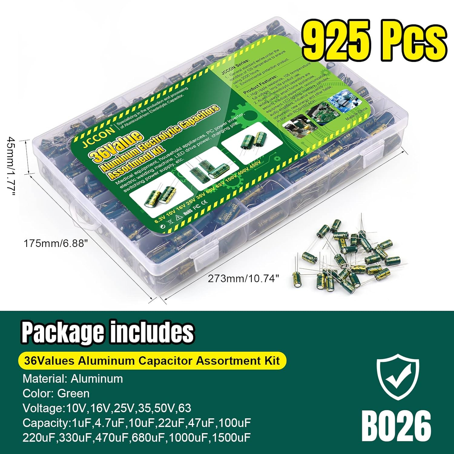 925PCS Electrolytic Capacitor Assortment Kit 36 Values 1uF-1000uF 63V Box