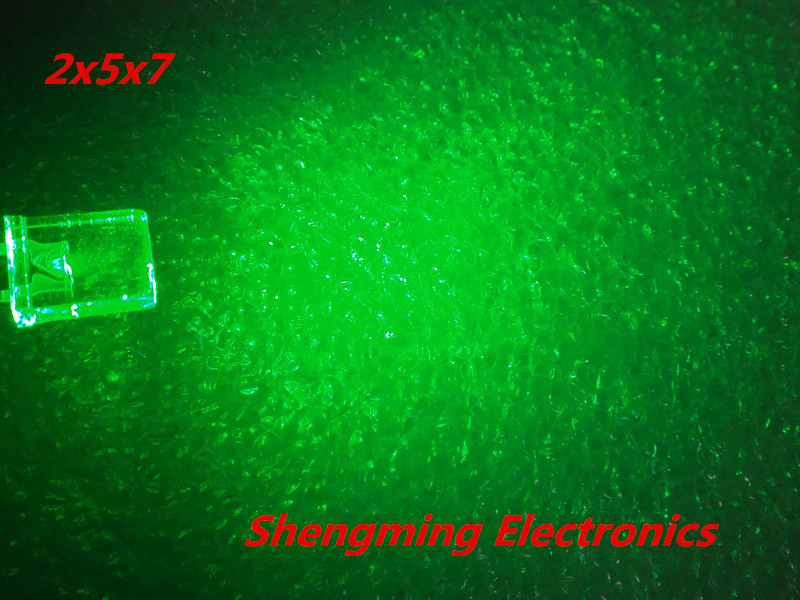 100PCS 2x5x7 Green Color Led 3.0~3.4V 120deg 2*5*7 MM water clear