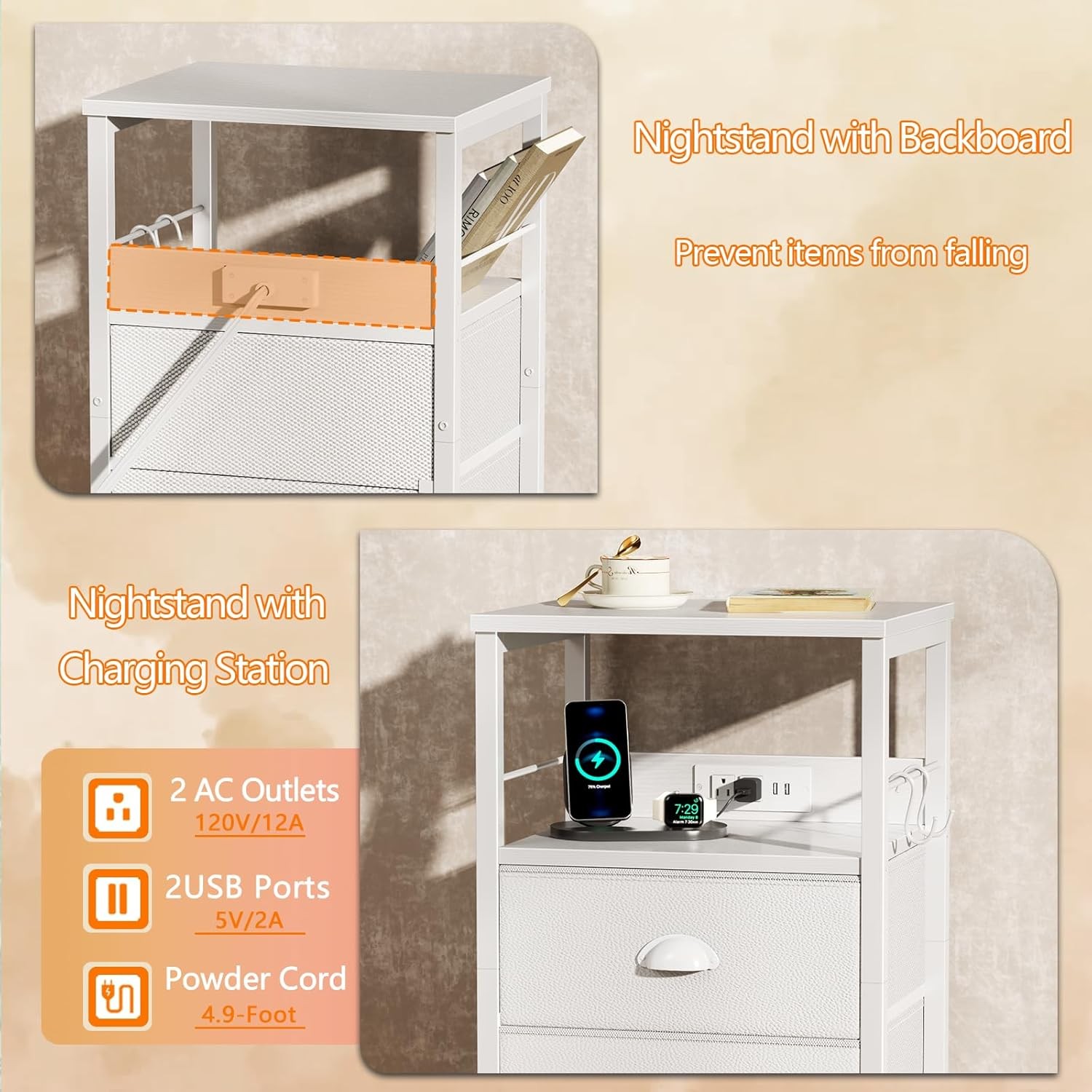 Furologee End Table with Charging Station, Nightstand Fabric 1 pc, White