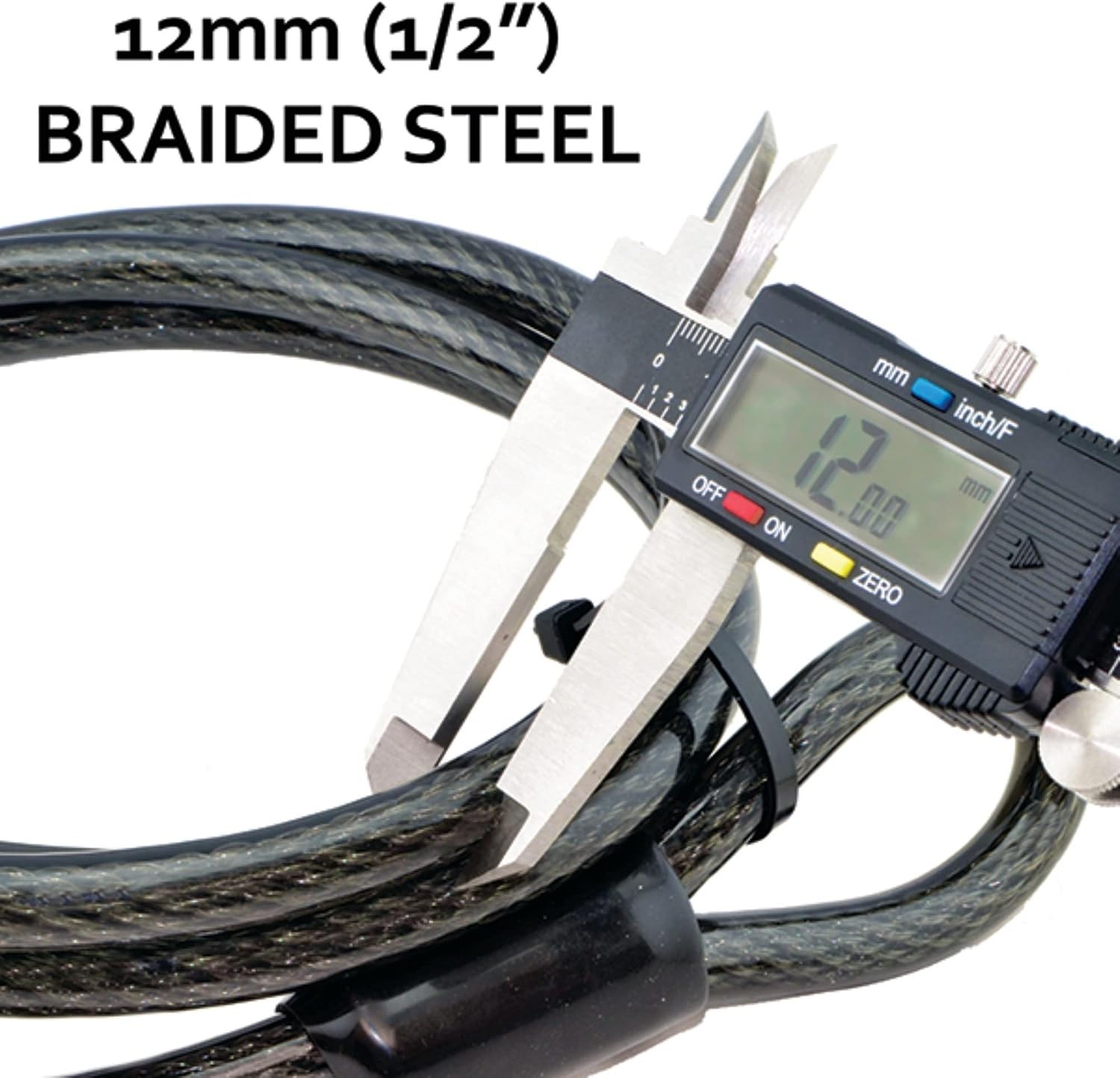 12mm Braided Steel Security Cable 7-FT - Water & Rust Resistant Safety Solution