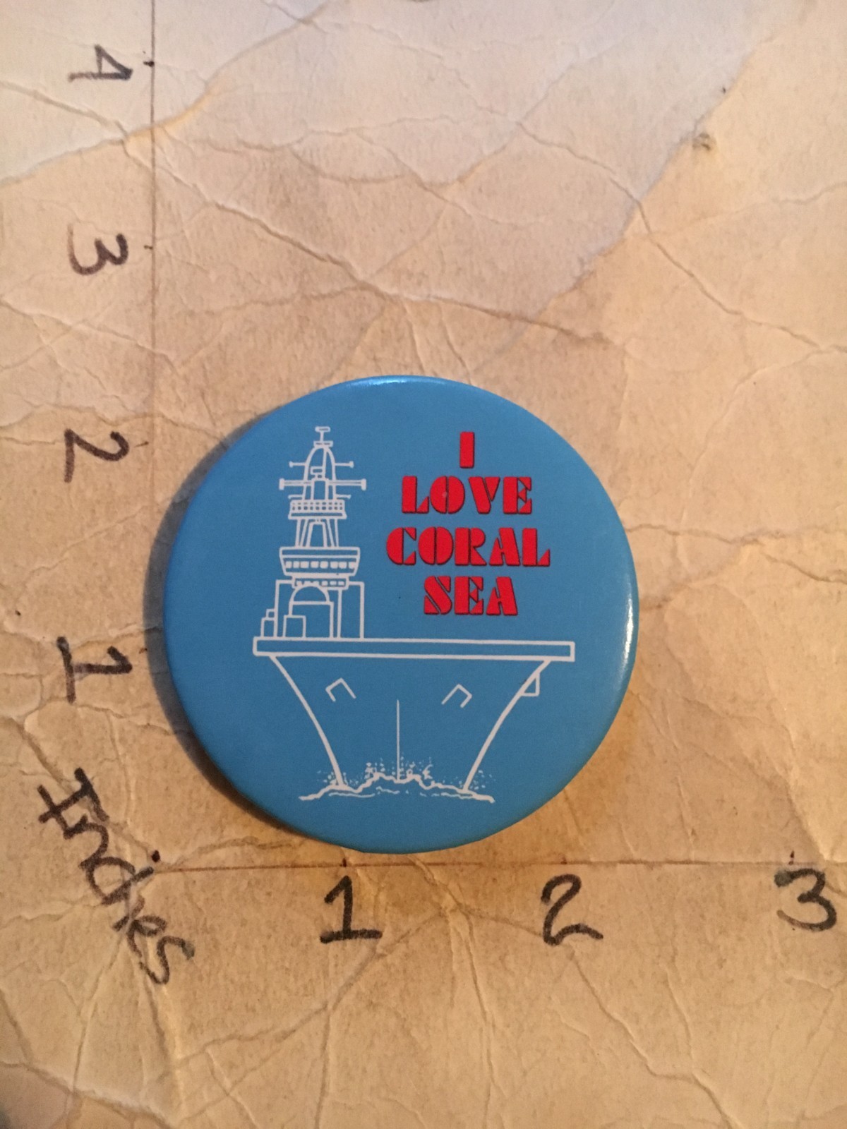 USN Aircraft Carrier I LOVE USS Coral Sea CV-43 Vintage Celluloid Pin Bac Button
