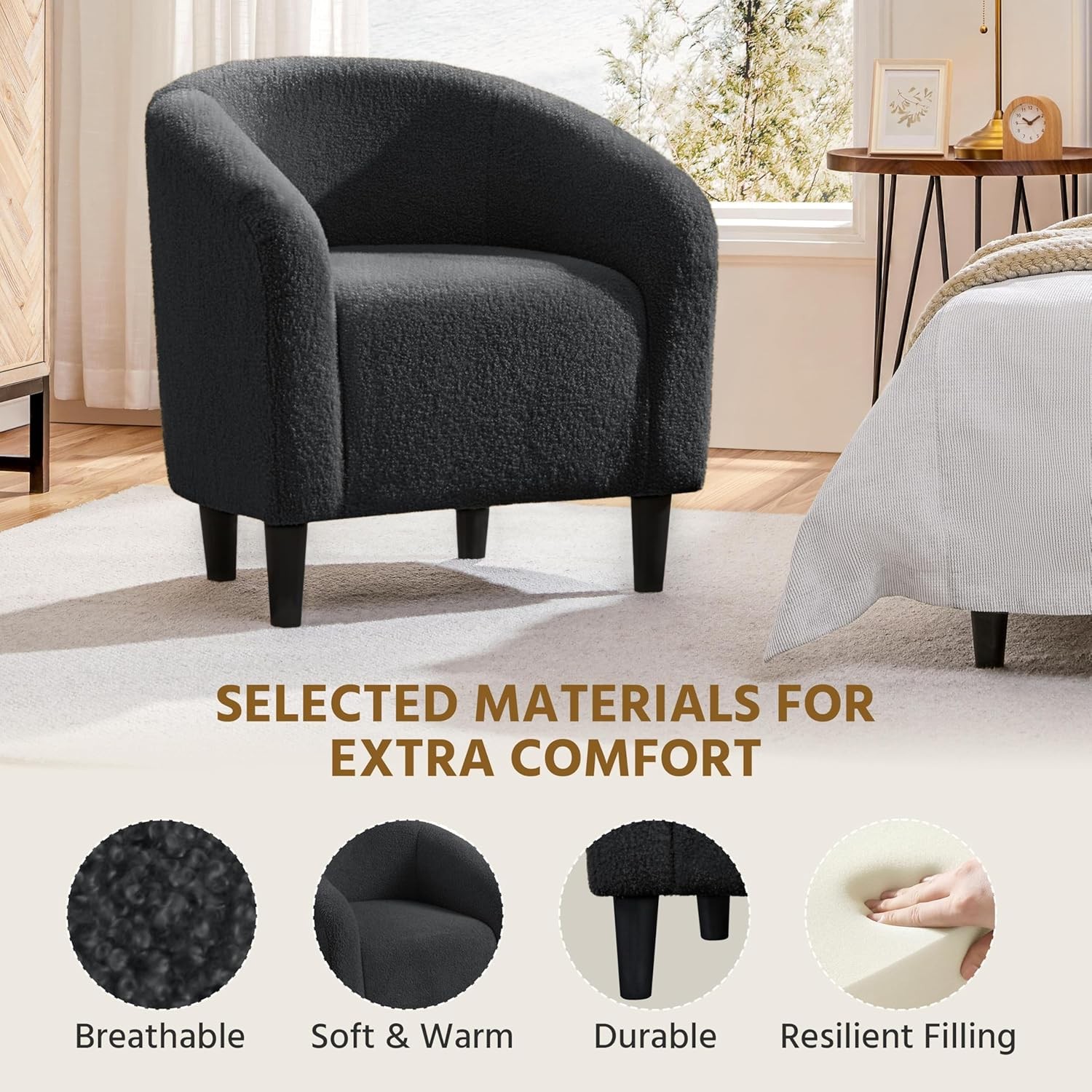 Accent Barrel Chair Boucle Fabric Club Chair Furry Sherpa Elegant Armchair W/