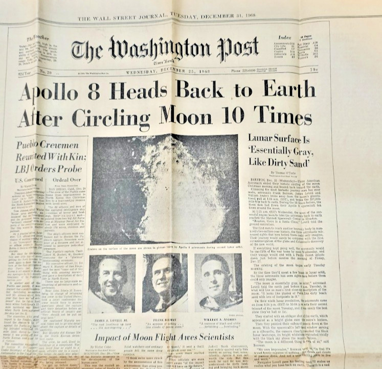 newpaper clipping: Apollo 8 Head Back to Earth after Circling Moon 10 times