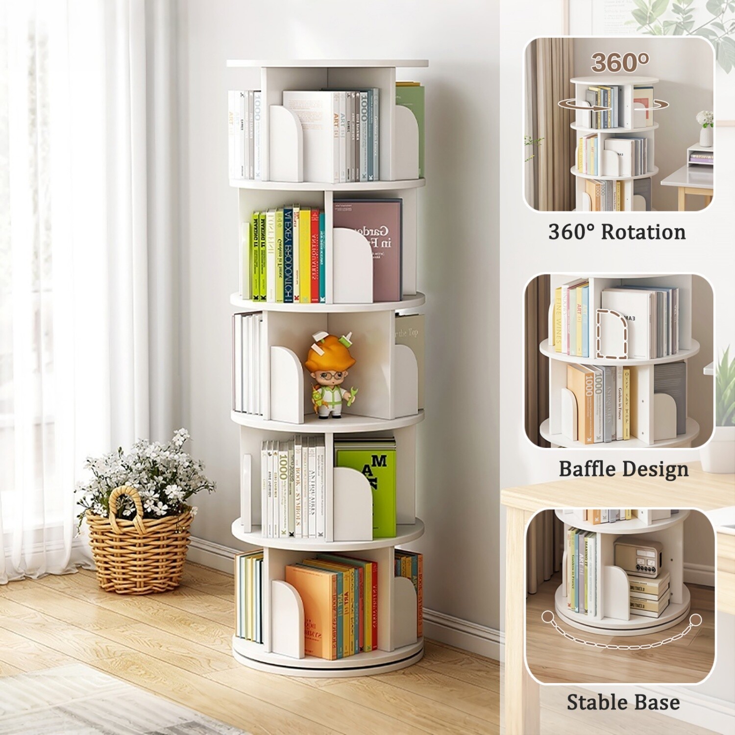 5 Tier 360° Rotating Bookshelf Freestanding Bookcase Storage Display Rack White