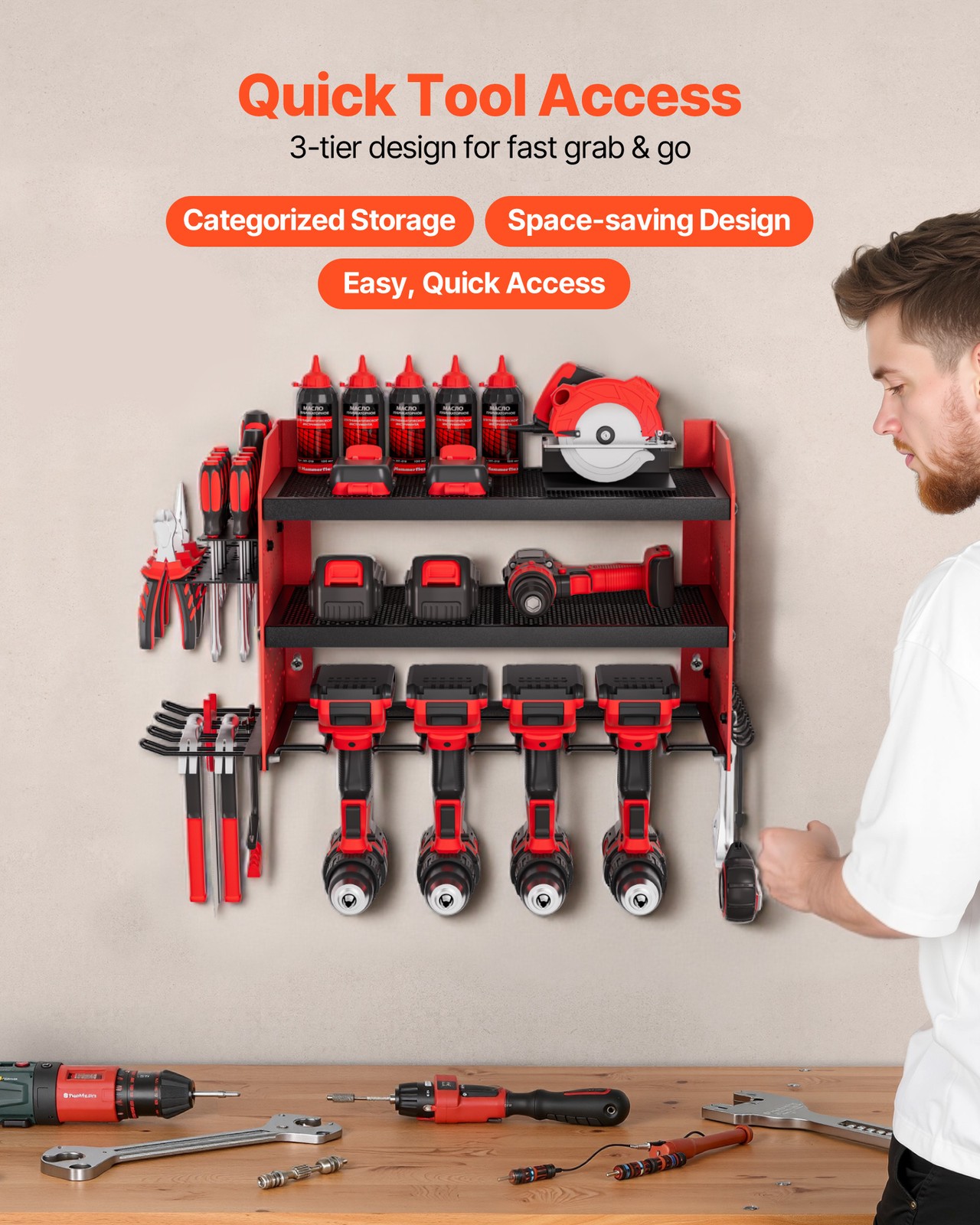 VEVOR Power Tool Organizer Wall Mount 3-Layer Drill Storage Rack 4 Drill Holders