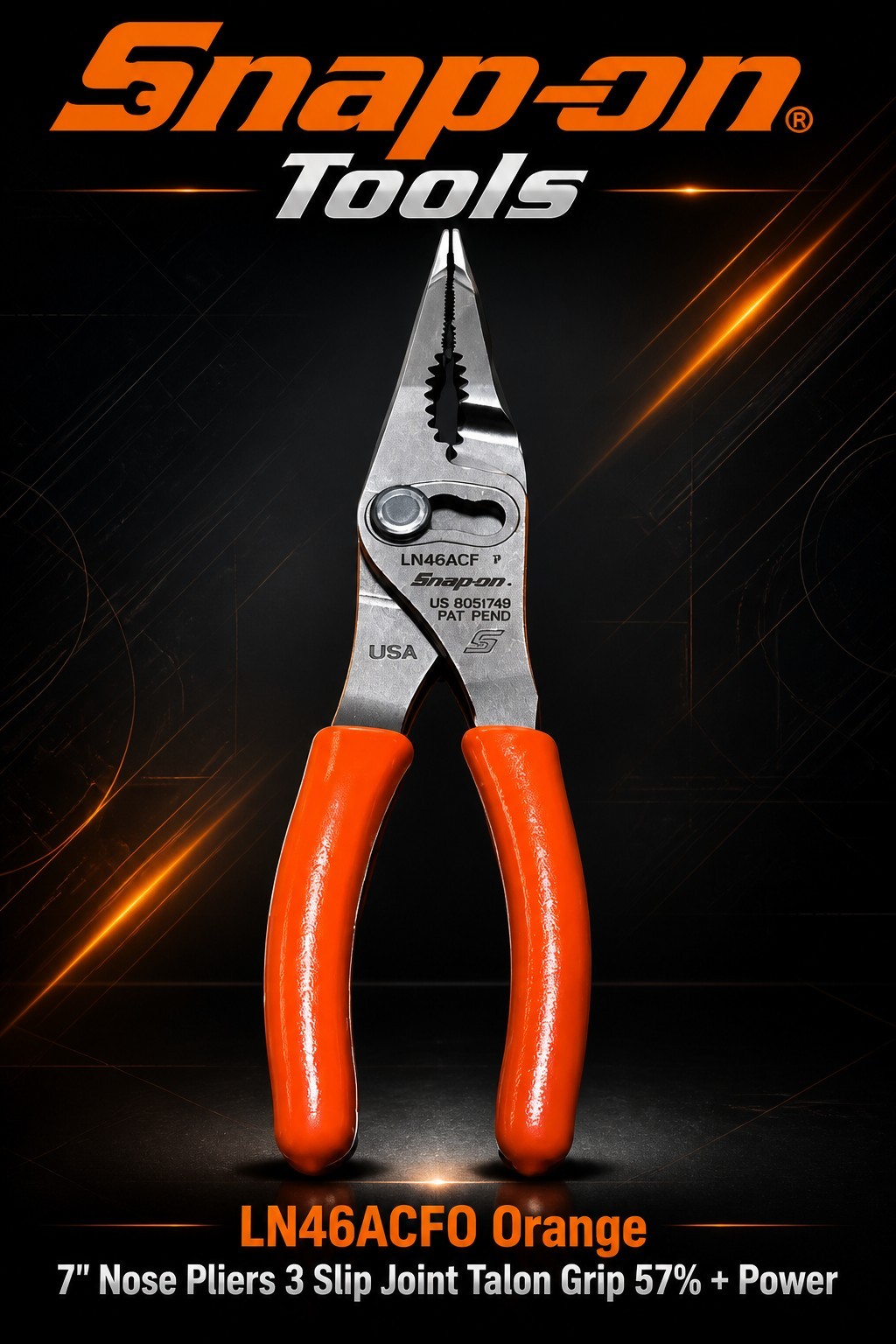Snap On Tools 7" Long Nose Pliers 3 Slip Joint Talon Grip 57% More Power ORANGE!