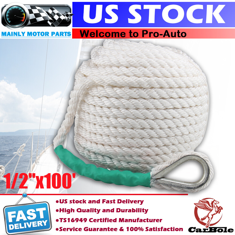 1/2"x100' Twisted 3 Strand Nylon Anchor Rope Boat Rigging Line w/Thimble 6250LBS