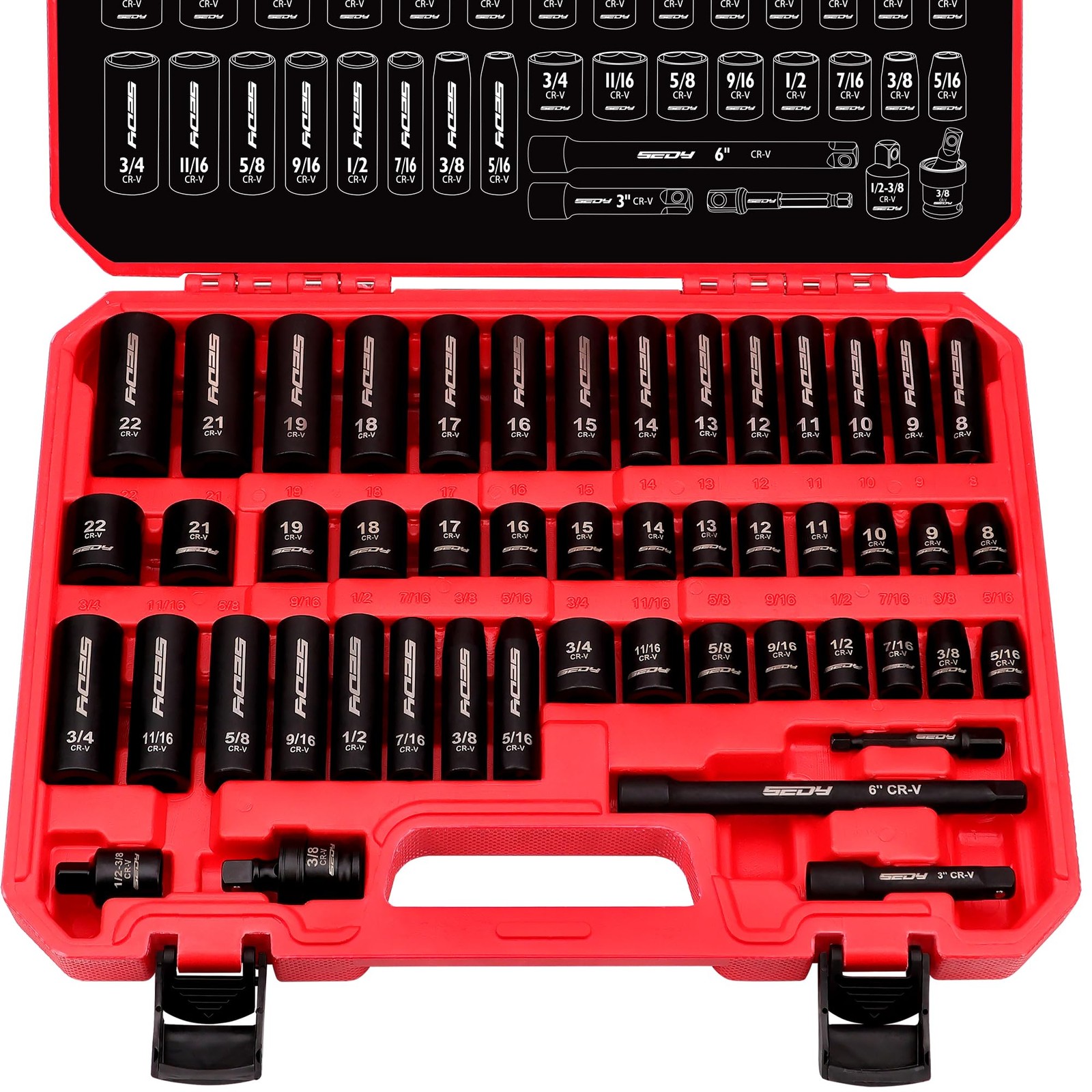 3/8" Drive Impact Socket Set - 49-Piece SAE (5/16 to 3/4 One Size, Black