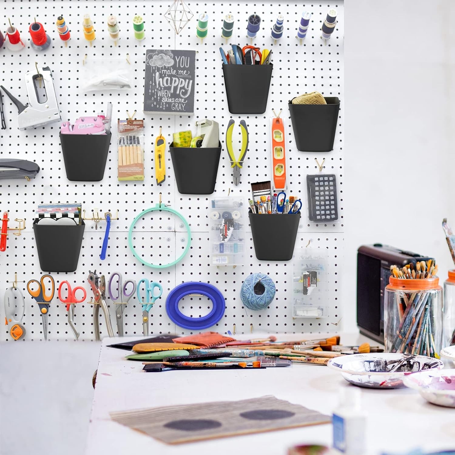 G.CORE Large Pegboard Cups Peg Board Storage Bin 6 Pack with Hooks, Black