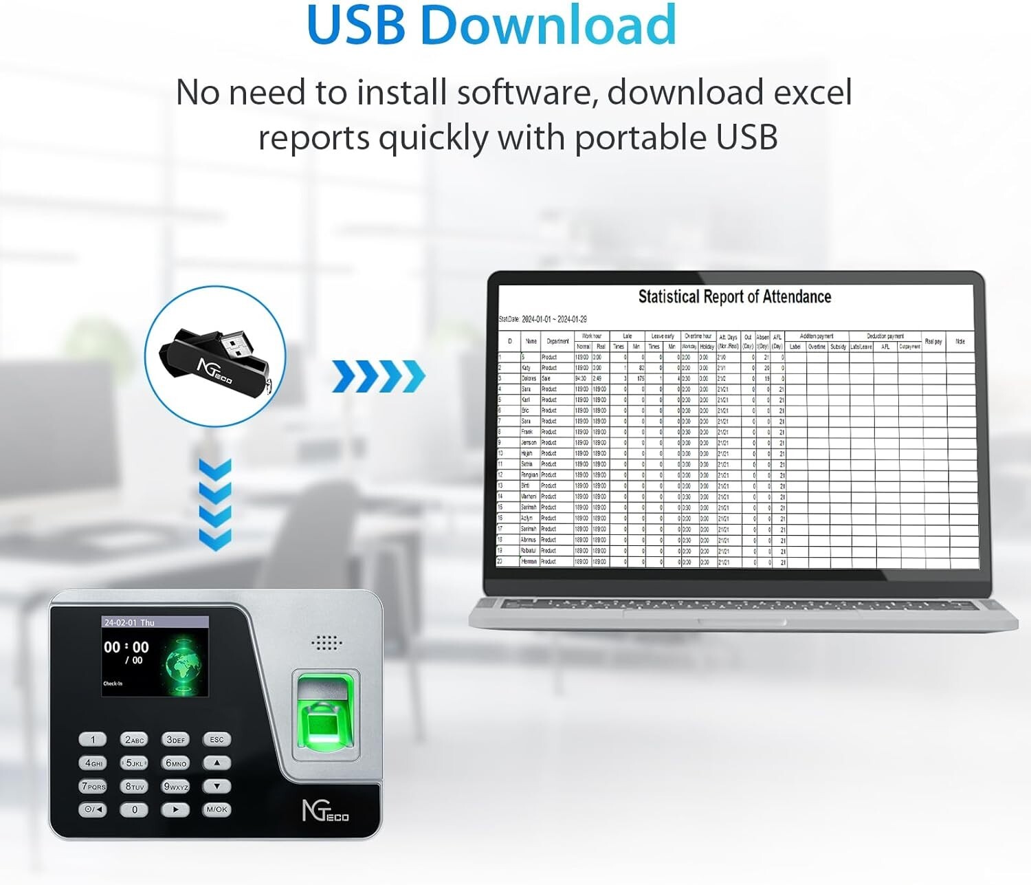 NGTeco AS10 Standalone Time Clock Automatic Punch In Office Machine