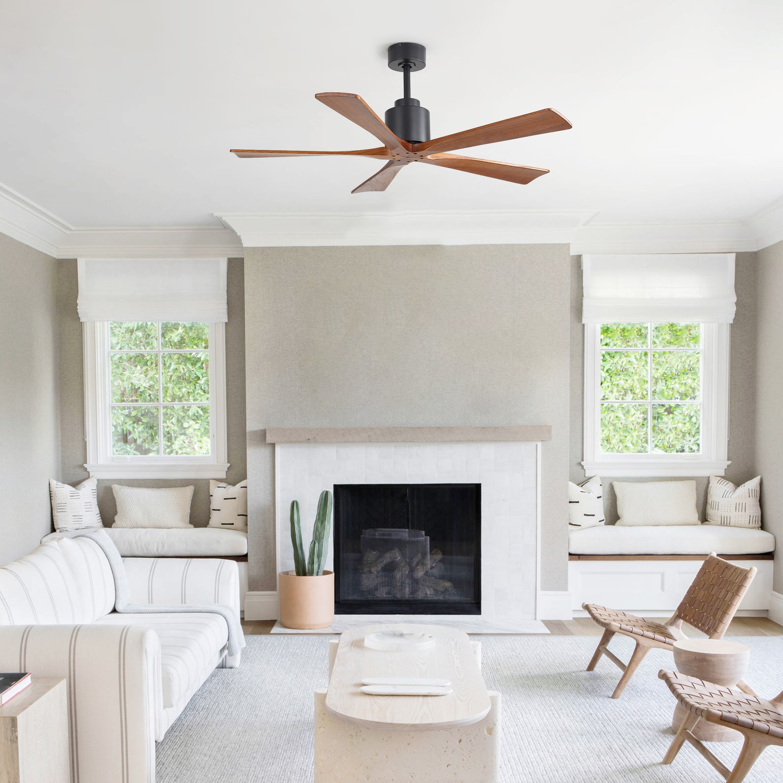 52"Matte Black Ceiling Fan without Light - Walnut Wood Blades, Remote Control