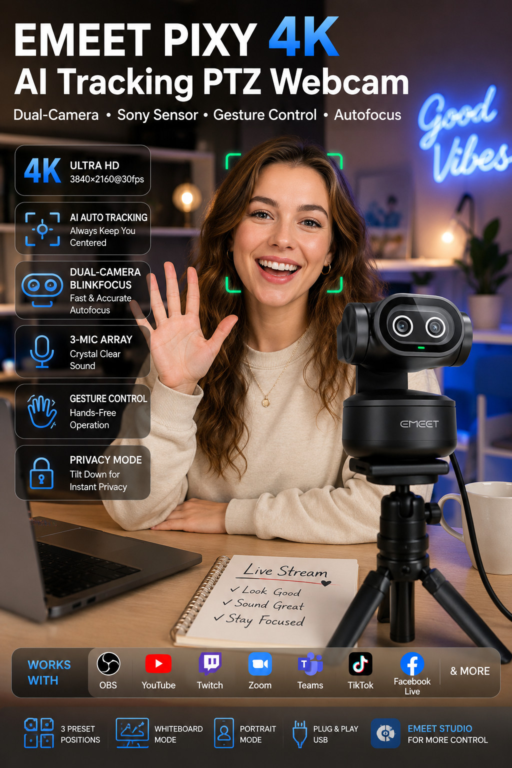 🎥 EMEET PIXY 4K AI Tracking PTZ Webcam | Dual Camera Sony Sensor Auto Focus