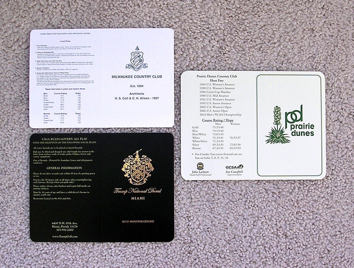 MILWAUKEE COUNTRY CLUB, TRUMP DORAL, PRAIRIE DUNES GOLF SCORECARDS.  TOP 100.  