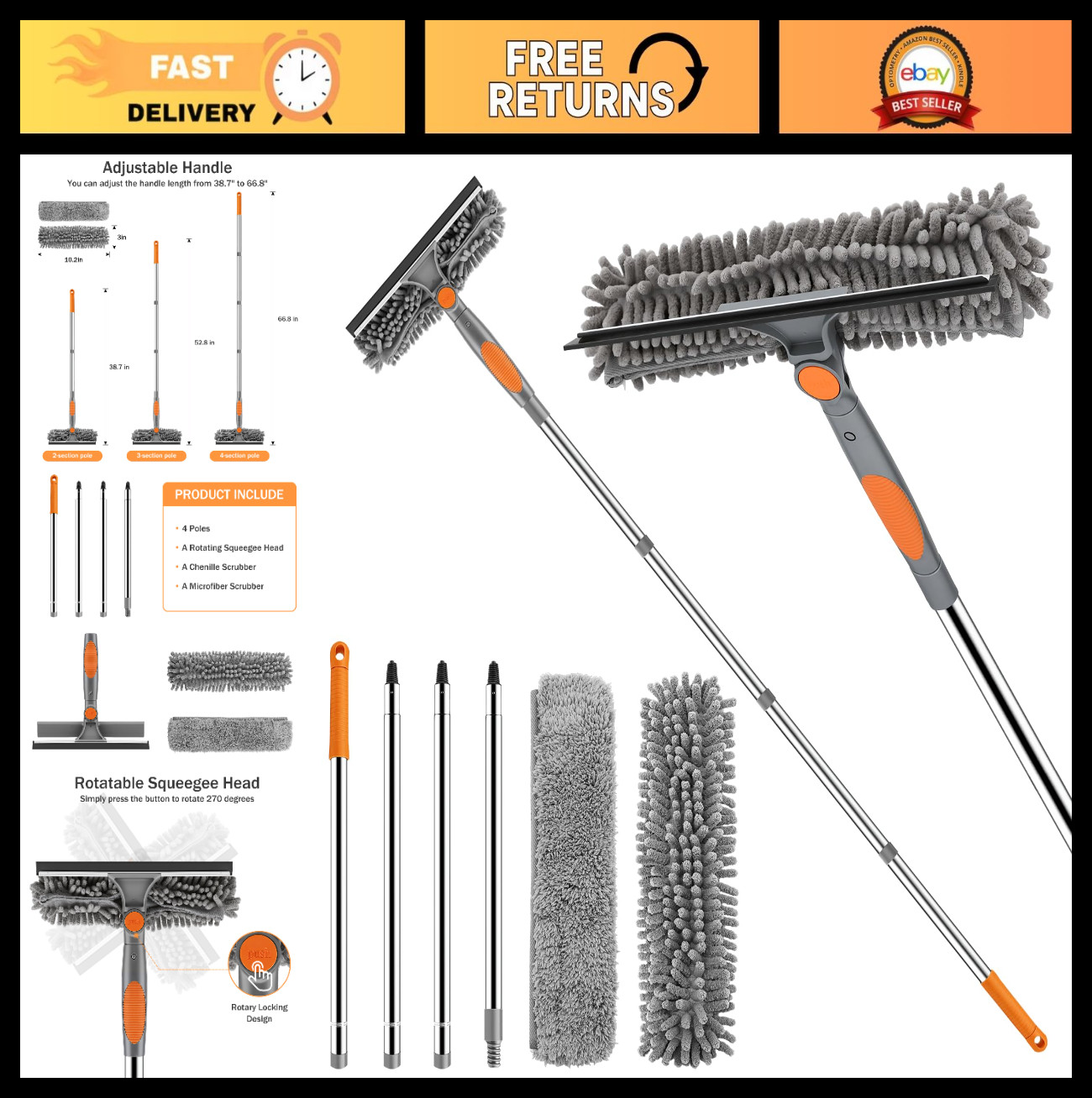 2-in-1 Window Cleaning Kit with 66in Extension Pole, Squeegee & Scrubbers, Rotat