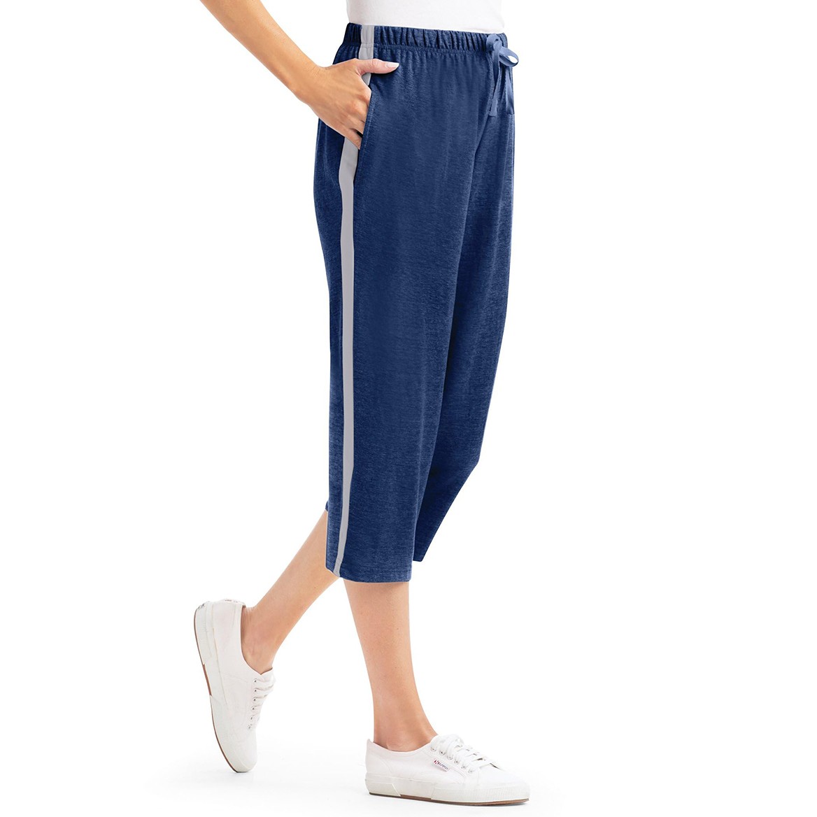 Side Stripe Knit Capris, Black, MED