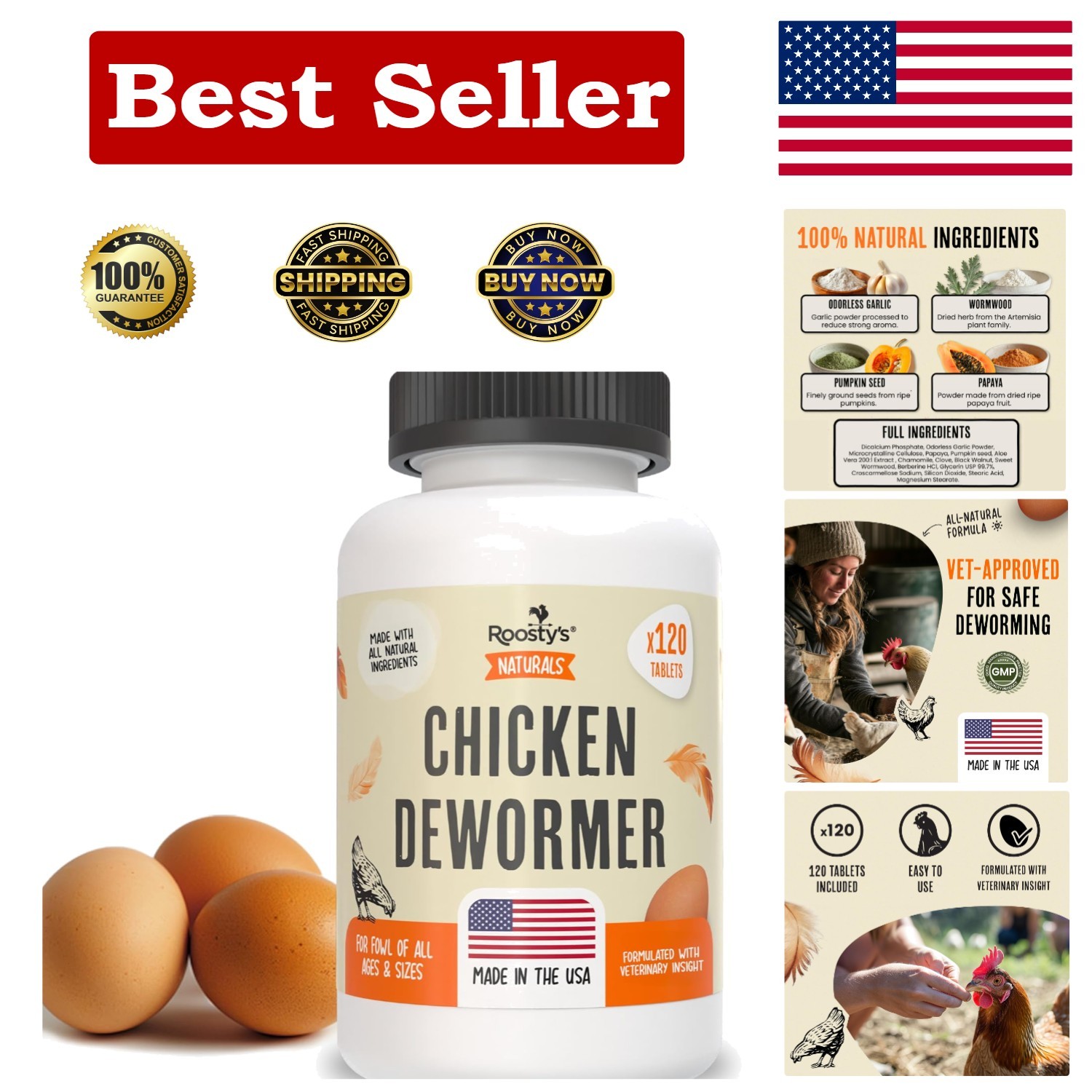 Veterinarian-Recommended Naturals De-Wormer for Chickens | 120 Count Capsules