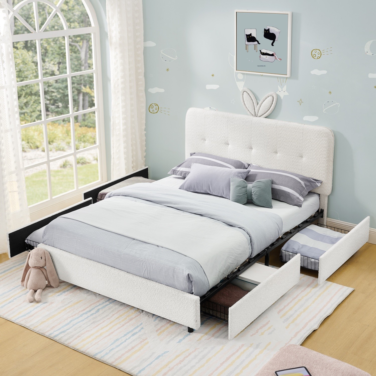 Full Size Upholstered Bed Frame for Kids w/ LED Lights Headboard and 4 Drawers