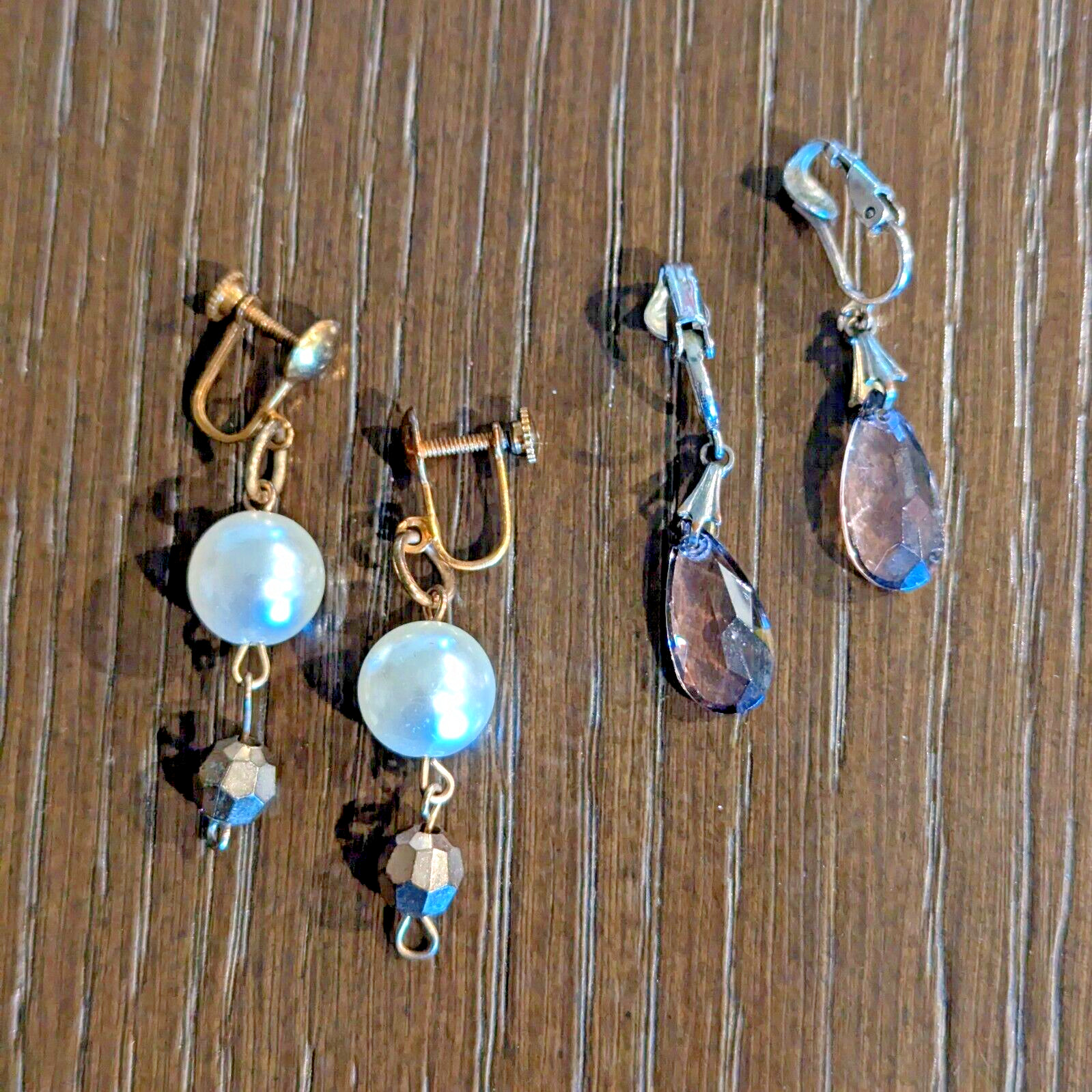 Lot of 2 Pair Vintage Earrings Drop Dangles Screwback Clip Faux Pearl Crystals
