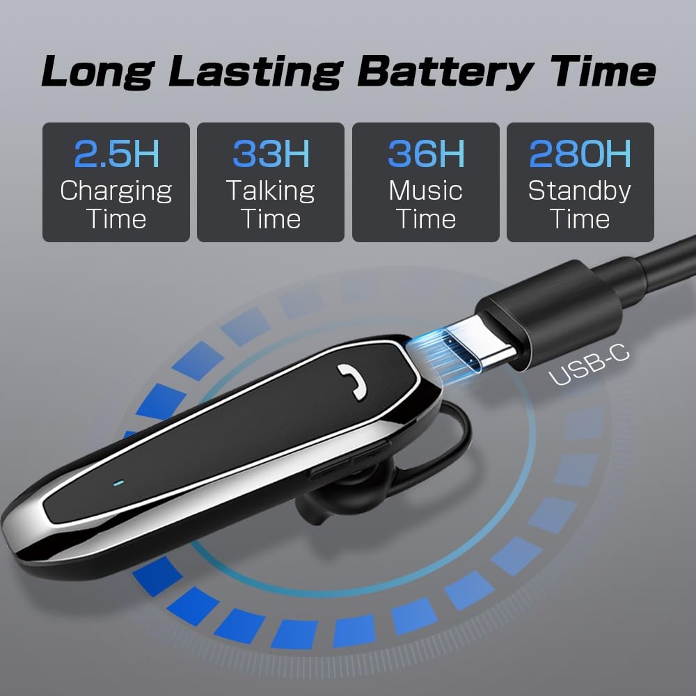 Bluetooth Headset, V5.3 Wireless Handsfree Earpiece with Noise Cancelling Mic...